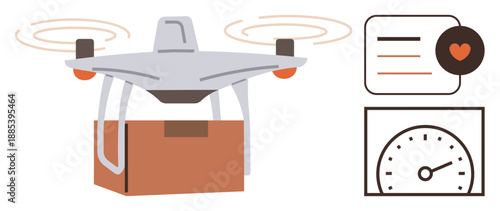 Logistics, quadcopter technology, efficiency, fast delivery, customer satisfaction, innovation. A Quadcopter carrying a package, icons showing time and review. Logistics and drone technology concept