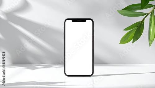 Photorealistic smartphone mockup on minimal white desk with plant shadow, suitable for branding, advertising, and presentation use