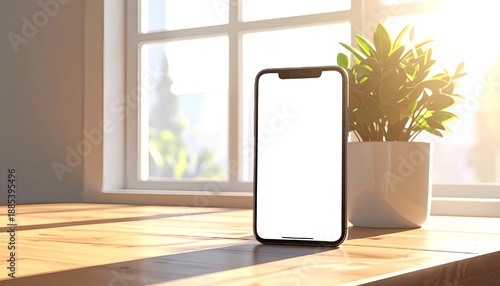 Photorealistic smartphone mockup on wooden desk near window with morning light, suitable for branding, advertising, and presentation use