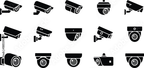 A comprehensive set of fifteen black security camera icons displayed against a crisp white background