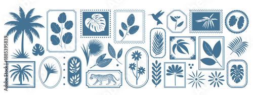 Tropical Summer Elements in Frames Vector Set with Exotic Geometric Patterns, Jungle Nature Stickers, Leopard, Palm Tree, Toucan, Parrot, Hibiscus, and Plumeria