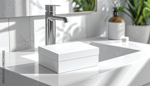 Photorealistic packaging box mockup on bathroom sink background, suitable for branding, advertising, and presentation use