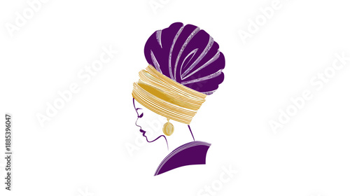 Stylized side profile of a woman with a colorful turban and a gold earring