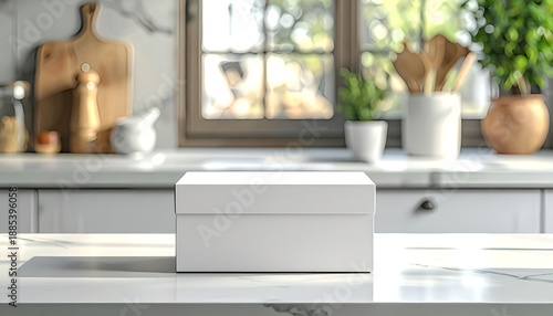 Photorealistic packaging box mockup on kitchen counter, suitable for branding, advertising, and presentation use