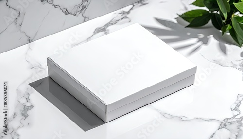 Photorealistic packaging box mockup on marble surface, suitable for branding, advertising, and presentation use