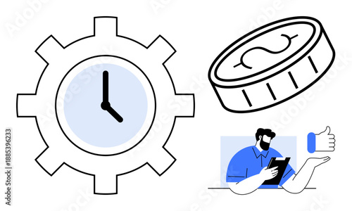 Time management, productivity, financial planning, business operations, decision-making, technology. Gear with clock, coin and person with tablet and thumbs up. Time management and productivity