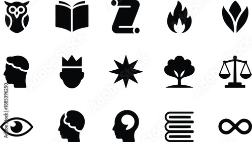 A comprehensive set of intellectual and conceptual icons with an owl, crown, books, and infinity symbol