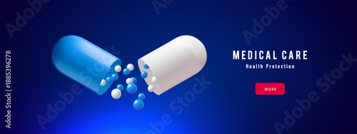 Background with realistic 3d capsules. Medical, pharmacy, healthcare, hospital, clinic, telemedicine, insurance, biotechnology concept. Vector illustration.