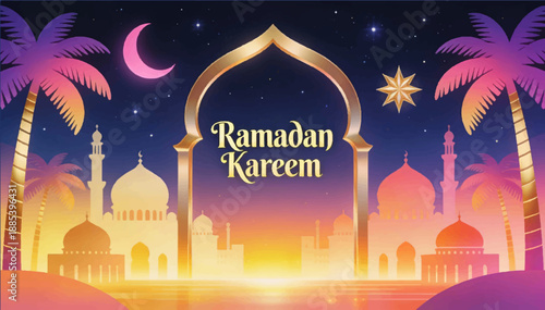 A vibrant vector illustration depicting the celebration of Ramadan against the backdrop of a beautiful city skyline and the inscription Ramadan Kareem_02.