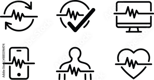 A comprehensive set of line art icons illustrating heart rate activity and health data for medical applications