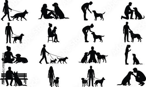 People and dogs silhouette vector illustration, pet owners walking, training and caring for dogs, human animal relationship scenes isolated on white background