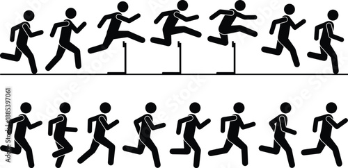 Running and hurdle jump sequence silhouette vector illustration, athlete motion stages, track and field training action poses isolated on white background