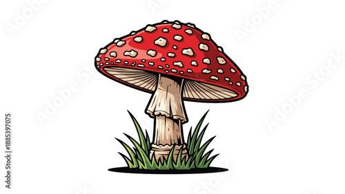 Cartoon illustration of a red and white spotted mushroom growing in green grass