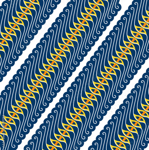 Motif Batik Parang Kontemporer dengan Ornamen Geometris Kuning Emas di Atas Latar Biru Tua yang Elegan