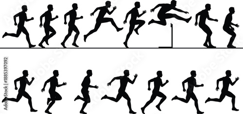 Running athlete silhouette vector illustration, sprint and hurdle jump motion sequence, track field sport action poses isolated white background