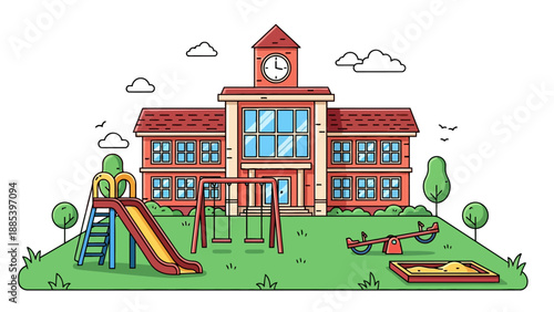 Cartoon illustration of a schoolhouse with a playground featuring a slide swings and sandbox