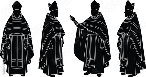 Religious clergy silhouettes wearing ceremonial robes, traditional priest figures vector illustration representing faith leadership, spiritual authority, historical costume and sacred worship concepts