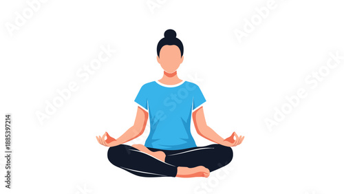 Person meditating in Lotus pose wearing blue shirt and black pants