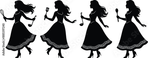 Elegant woman cooking silhouette set, female chef holding kitchen utensils vector illustration representing culinary lifestyle, home cooking passion and modern domestic art concepts