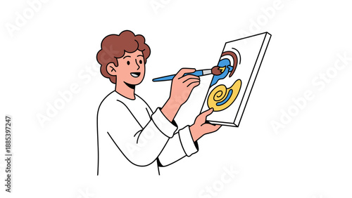 Person painting abstract shapes resembling inner ear anatomy on a canvas