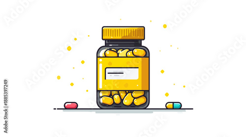 A cartoon illustration of a pill bottle with capsules. Two pills are next to it