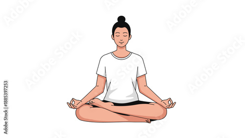 Person meditating in the lotus position against a white background