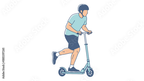 Person wearing a helmet riding a kick scooter pushing off with one foot