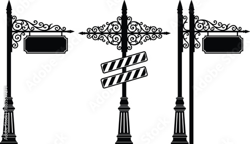 Vintage street sign silhouettes set, ornate wrought iron direction boards and lamp posts vector illustration for city navigation, urban design and classic signage concepts