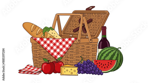 Picnic basket filled with bread cheese apples grapes watermelon and wine