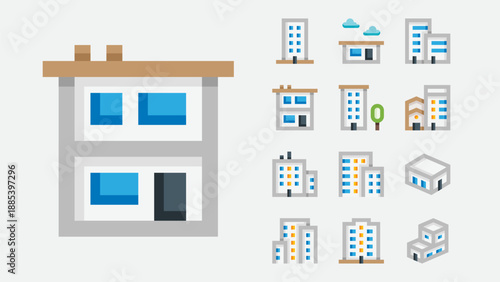 Panel buildings and apartment blocks icons set