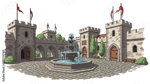 Pixel art courtyard with tiered fountain castle walls and archways