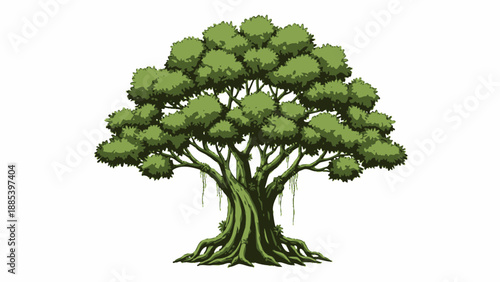 Pixel art illustration of a large dense greencanopied tree with exposed roots