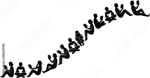 People reading books in upward learning path, education growth concept vector illustration showing knowledge progress, study stages, literacy development and lifelong learning