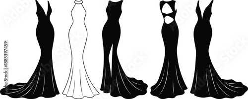 Elegant mermaid evening gown silhouettes collection, long formal dresses vector illustration, luxury fashion design for bridal, red carpet, and couture concepts