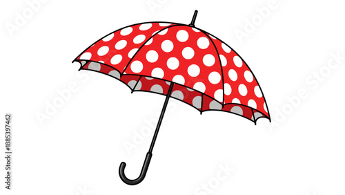 Red and white polka dot umbrella with a black handle on a white background