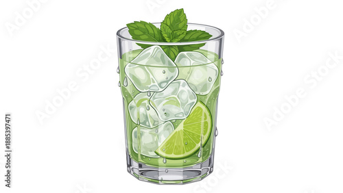Pixel art illustration of a mojito cocktail in a glass with ice lime and mint