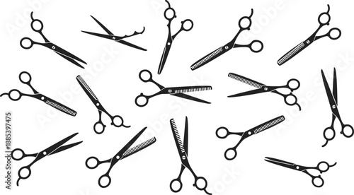 Black hair cutting scissors and shears silhouette vector collection, professional barbershop tools, hairdressing equipment accessories for salon business and styling.