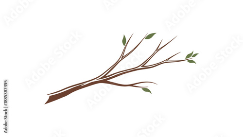 Stylized brown tree branch with green leaves on a white background