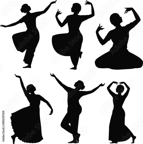 Set of Traditional Indian Classical Dancer Silhouettes Performing Bharatnatyam and Ethnic Folk Dance Poses Isolated on Plain White Background Surface