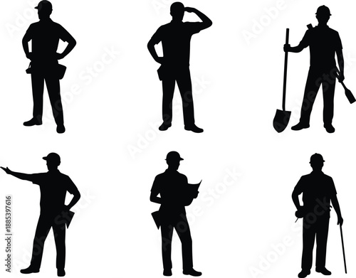 Set of Professional Construction Worker Silhouettes Including Foreman Engineers and Laborers Carrying Tools Planning and Pointing for Industrial Site Projects