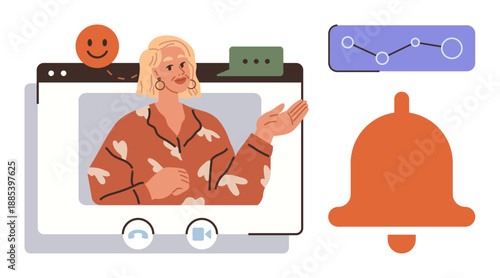Marketing, digital communication, notifications, online learning, remote work, social media. A woman on a video call with icons of a graph, bell and emotion. Online learning and notifications