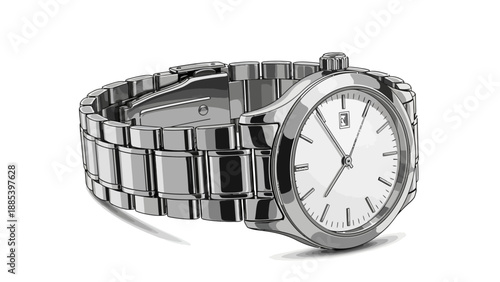 Stylized grayscale illustration of a stainless steel wristwatch with a metal band