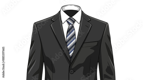 Stylized illustration of a dark gray suit jacket white shirt and striped tie