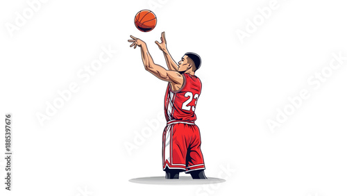 Stylized illustration of a basketball player shooting a ball