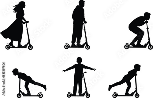Electric scooter rider silhouettes set, people commuting and performing tricks, urban mobility concept, black vector illustration isolated on white background