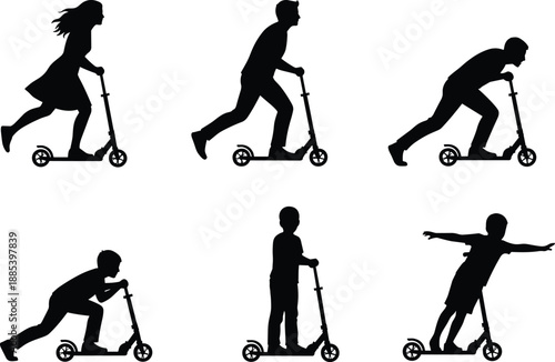 Kick scooter rider silhouettes collection, men women and child riding scooter, urban transport motion poses, black vector illustration isolated