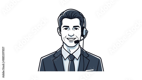 Stylized illustration of a smiling man in a suit wearing a headset