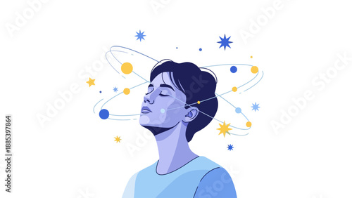 Stylized illustration of a person with eyes closed surrounded by orbiting stars and dots