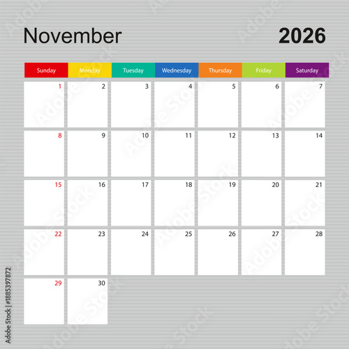 Calendar page for November 2026, wall planner with colorful design. Week starts on Sunday.
