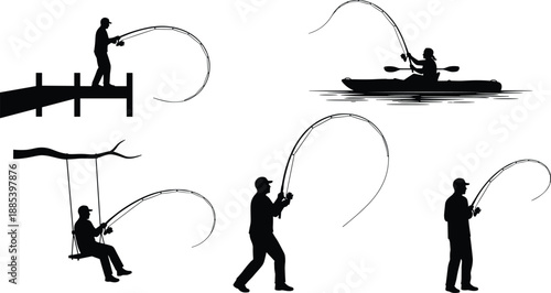 Fishing activity silhouettes set, anglers casting rods from pier, kayak and swing, outdoor recreation concept, black vector illustration isolated
